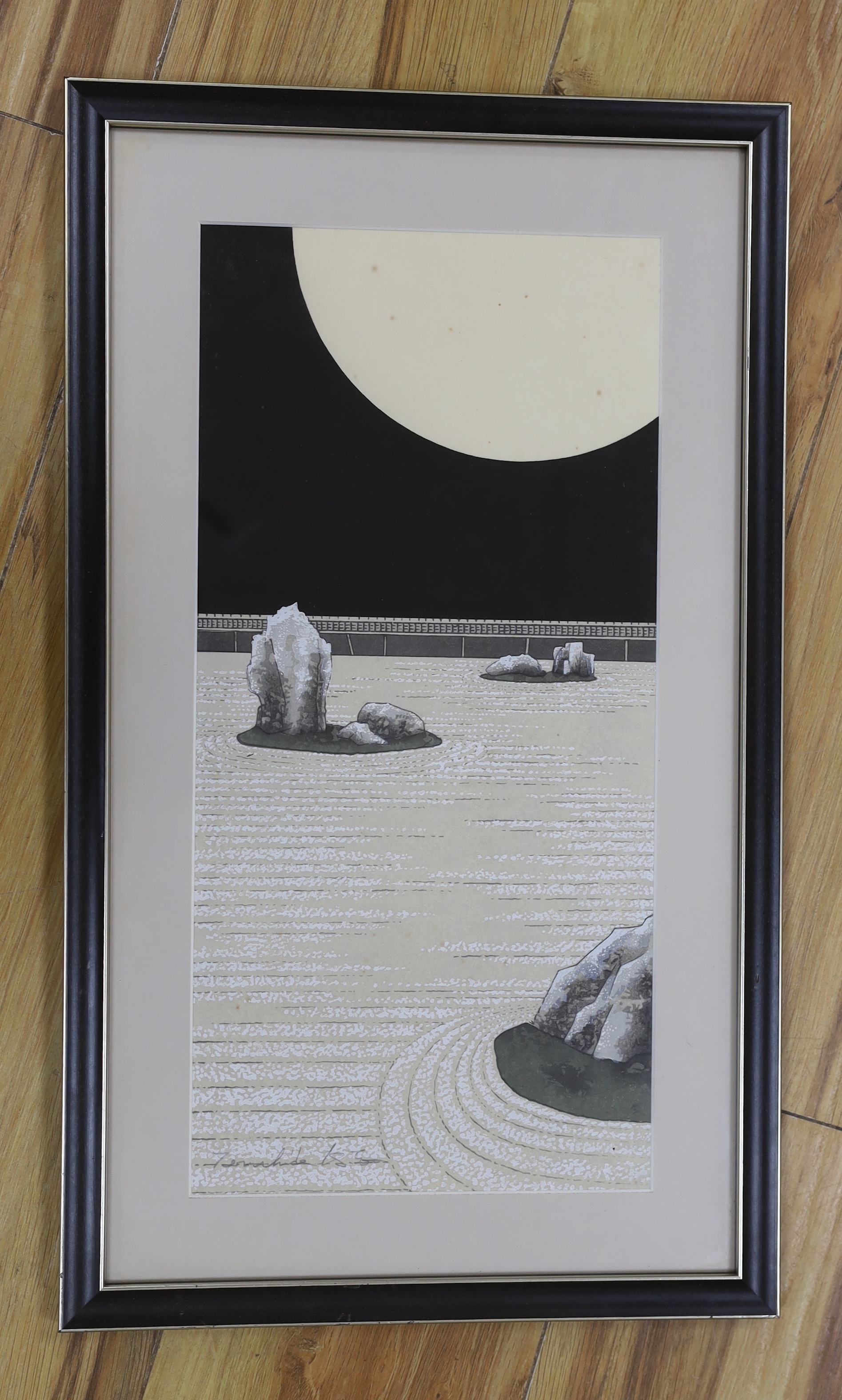 Teruhide Kato (1936-2015), woodblock print, Moonlight at Ryoanji Temple (Kagayaki), signed in pencil, 41cm x 19.5cm